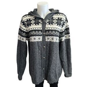 Carroll Reed Gray Nordic Fair Isle 100% Wool ButtonDown Hood‎ Cardigan Sweater L